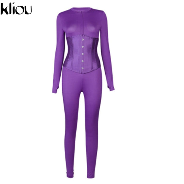 Kliou fashion women matching outfits casual jumpsuits/bandage corset co-ord set activewear fitness skinny stretchy