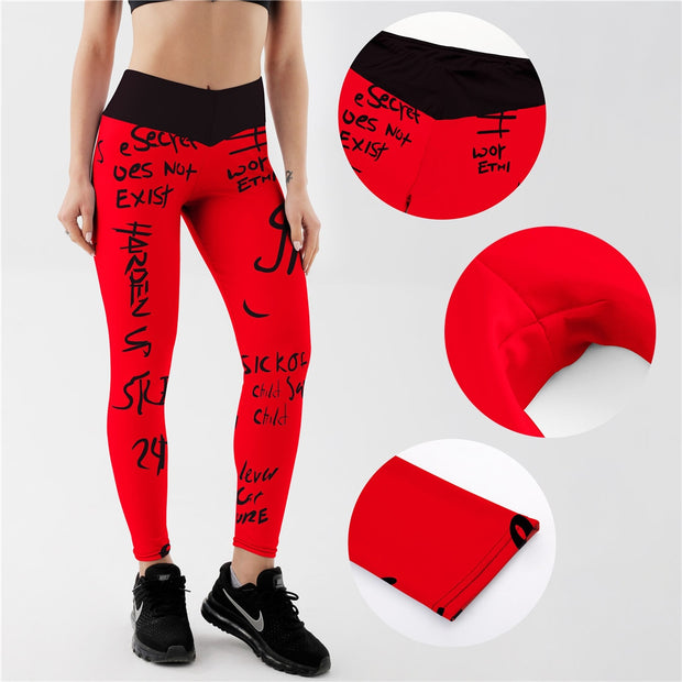 Qickitout High Waist Elastic Workout Leggings Women Slim Fitness Fashion Letter Print Leggings for Gym Sport Running Europe Size