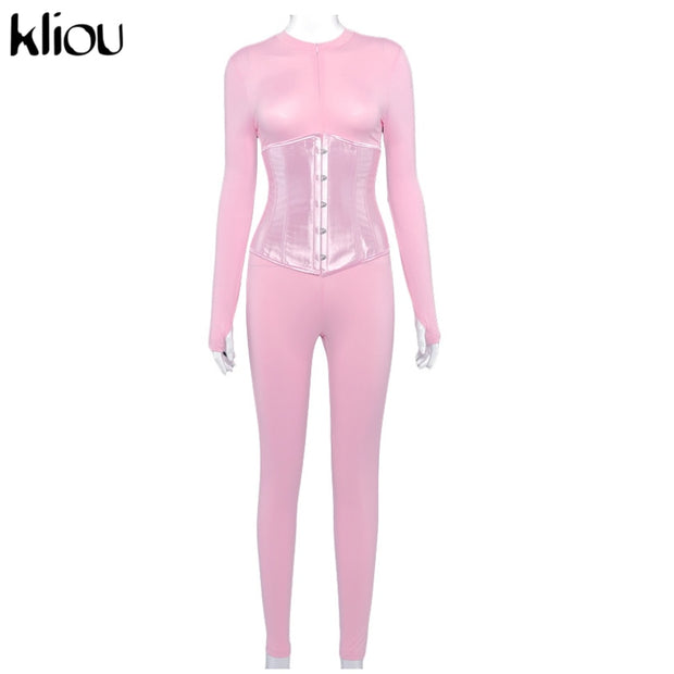 Kliou fashion women matching outfits casual jumpsuits/bandage corset co-ord set activewear fitness skinny stretchy