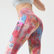 Fitness Tie Dye Print Pocket 2 Pieces Yoga Sets Women High Waist Plus Size Suits Gym Sports Leggings Pants Workout Activewear