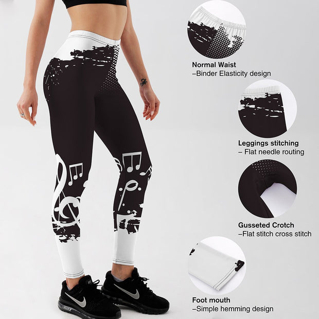 Qickitout Summer Style Fashion in Women Leggings Black and White Note Printed Leggings Mid Waist Pants Fitness Workout Leggings