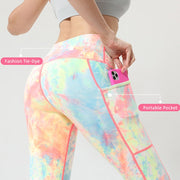 Fitness Tie Dye Print Pocket 2 Pieces Yoga Sets Women High Waist Plus Size Suits Gym Sports Leggings Pants Workout Activewear