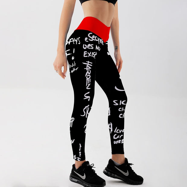 Qickitout High Waist Elastic Workout Leggings Women Slim Fitness Fashion Letter Print Leggings for Gym Sport Running Europe Size