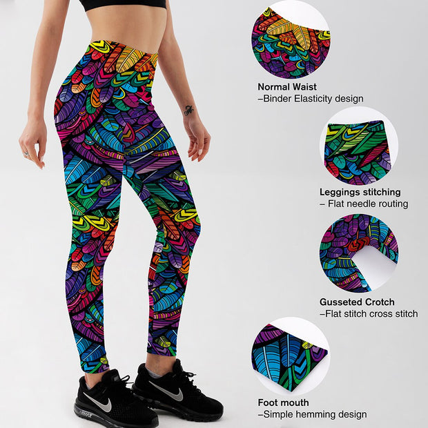 Qickitout Summer New Arriaval Color Feathers 3D Printed Women Sexy Fitness Activewear Elastic Mid Waist Trousers Drop Shipping