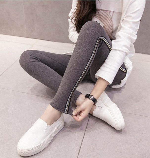 2021 Quality Cotton Leggings Side Stripes Women Casual High-stretch Leggings Pants High Waist Fitness Leggings Female