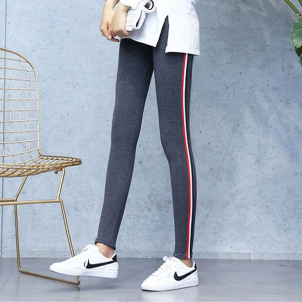 2021 Quality Cotton Leggings Side Stripes Women Casual High-stretch Leggings Pants High Waist Fitness Leggings Female