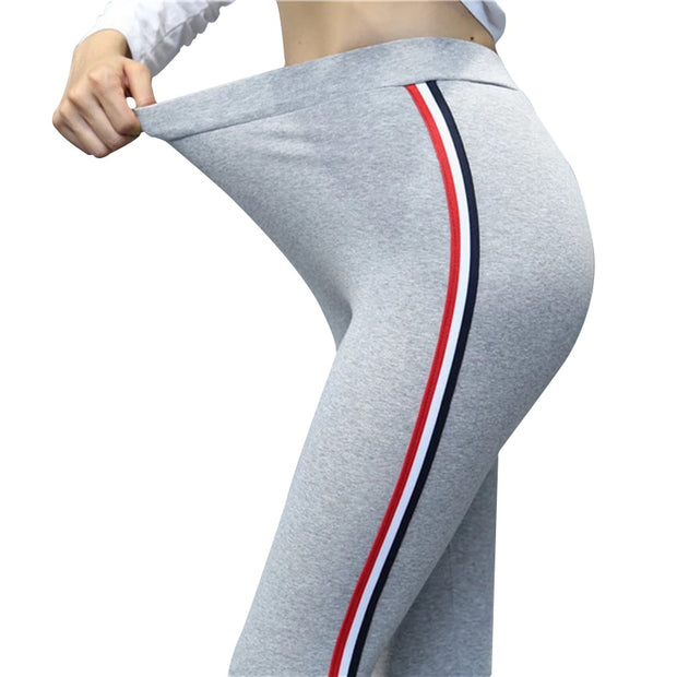 2021 Quality Cotton Leggings Side Stripes Women Casual High-stretch Leggings Pants High Waist Fitness Leggings Female