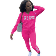 Pink Letter Embroidery Hooded Full Sleeve Jackets and Running Sporty Legging Casual Sweatsuit Activewear Fall Winter 2 Piece Set