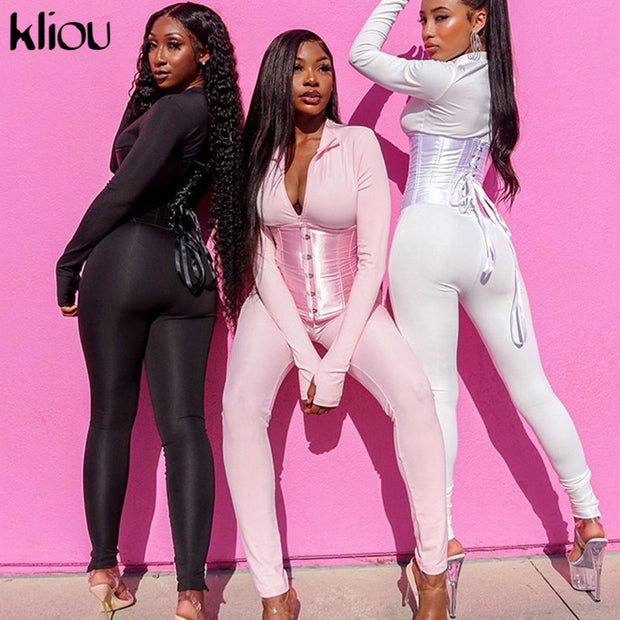 Kliou fashion women matching outfits casual jumpsuits/bandage corset co-ord set activewear fitness skinny stretchy