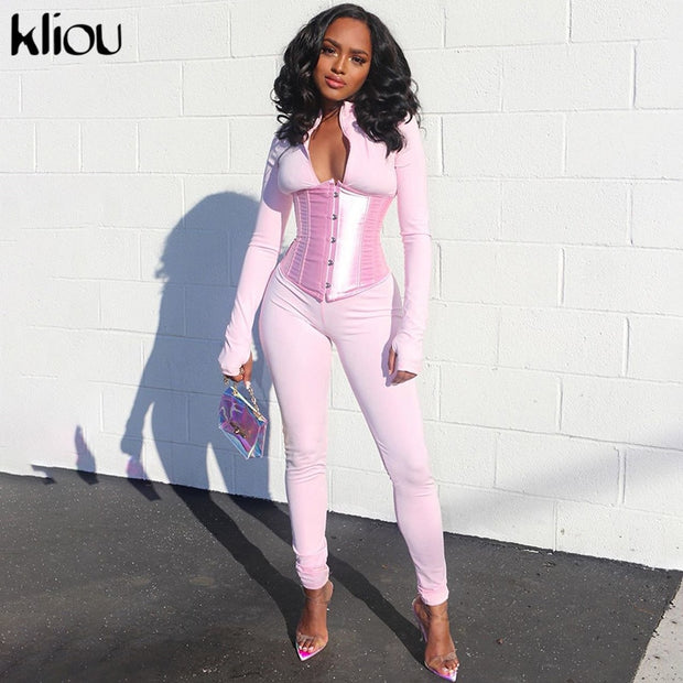 Kliou fashion women matching outfits casual jumpsuits/bandage corset co-ord set activewear fitness skinny stretchy