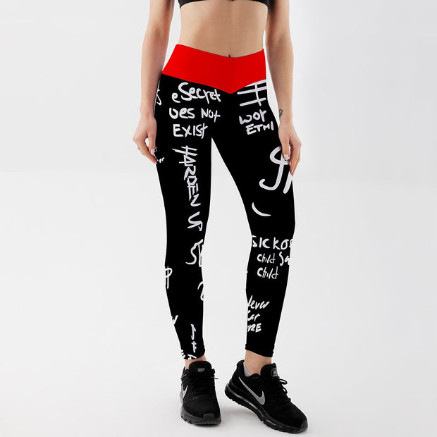 Qickitout High Waist Elastic Workout Leggings Women Slim Fitness Fashion Letter Print Leggings for Gym Sport Running Europe Size