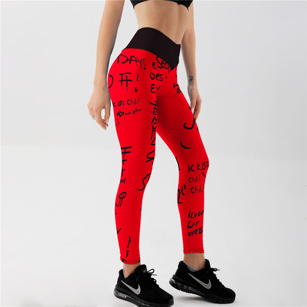 Qickitout High Waist Elastic Workout Leggings Women Slim Fitness Fashion Letter Print Leggings for Gym Sport Running Europe Size