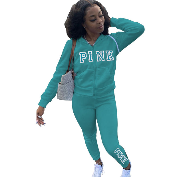 Pink Letter Embroidery Hooded Full Sleeve Jackets and Running Sporty Legging Casual Sweatsuit Activewear Fall Winter 2 Piece Set