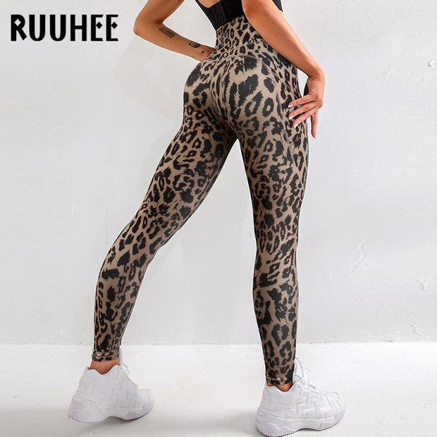 RUUHEE Tight Leggings Leopard Sports Women Fitness With Pocket Yoga Pants Stretch Workout Leggings Patchwork Slim Gym Leggings