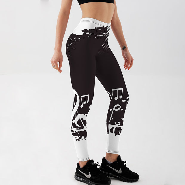 Qickitout Summer Style Fashion in Women Leggings Black and White Note Printed Leggings Mid Waist Pants Fitness Workout Leggings