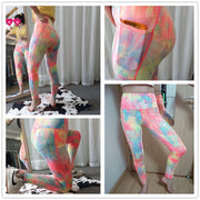 Fitness Tie Dye Print Pocket 2 Pieces Yoga Sets Women High Waist Plus Size Suits Gym Sports Leggings Pants Workout Activewear