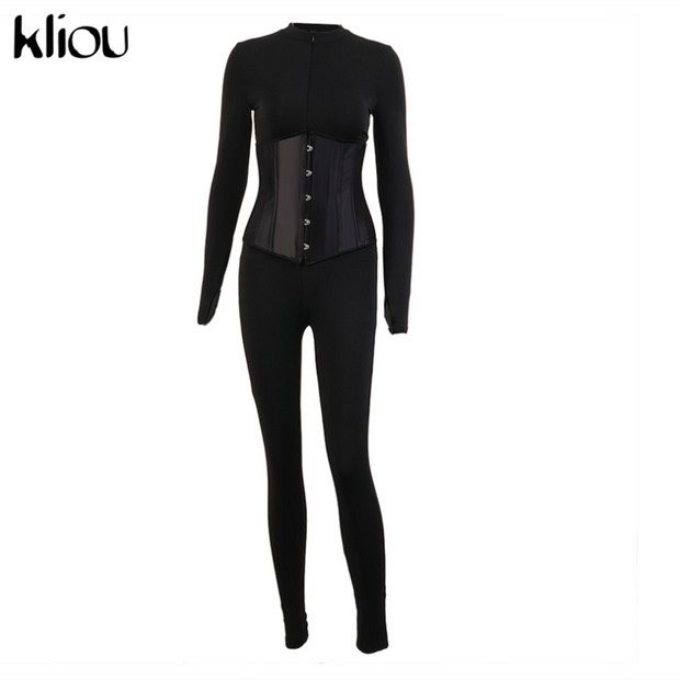 Kliou fashion women matching outfits casual jumpsuits/bandage corset co-ord set activewear fitness skinny stretchy