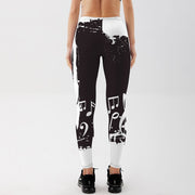 Qickitout Summer Style Fashion in Women Leggings Black and White Note Printed Leggings Mid Waist Pants Fitness Workout Leggings