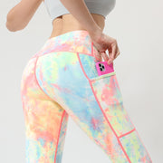 Fitness Tie Dye Print Pocket 2 Pieces Yoga Sets Women High Waist Plus Size Suits Gym Sports Leggings Pants Workout Activewear