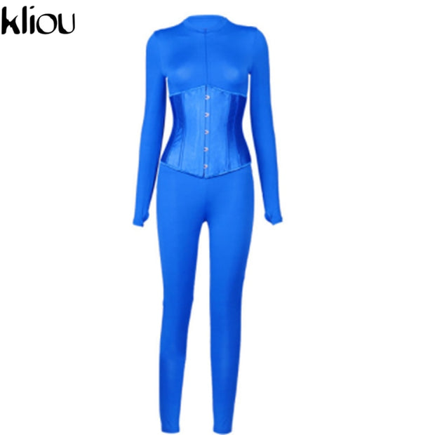 Kliou fashion women matching outfits casual jumpsuits/bandage corset co-ord set activewear fitness skinny stretchy