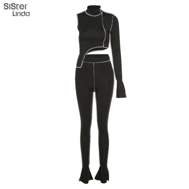 Sisterlinda Fitness Sporty Workout Two Piece Set Women Patchwork Long Sleeve Asymmetrical Top Pants Activewear Outfits Suit 2021