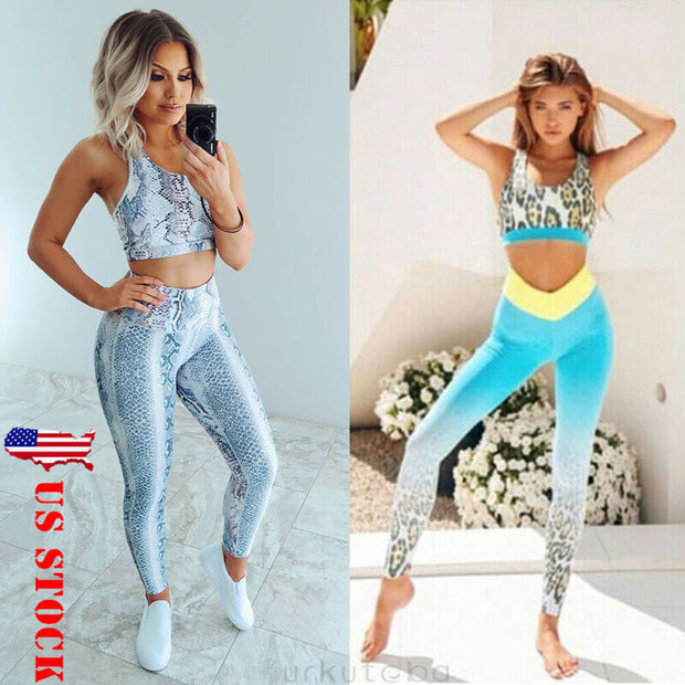 US Women Work Out Gym Clothes Sets Running Fitness Sportwear Tops+Pants Vest Bra Sports Legging Pants